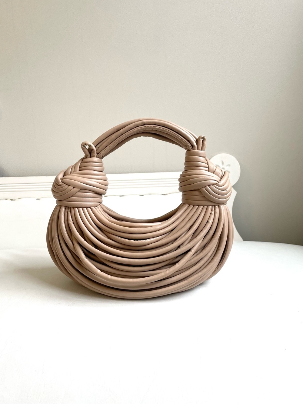 TAUPE TAN SMALL HOBO BAG ROPES KNOTS PLEATHER FAUX LEATHER